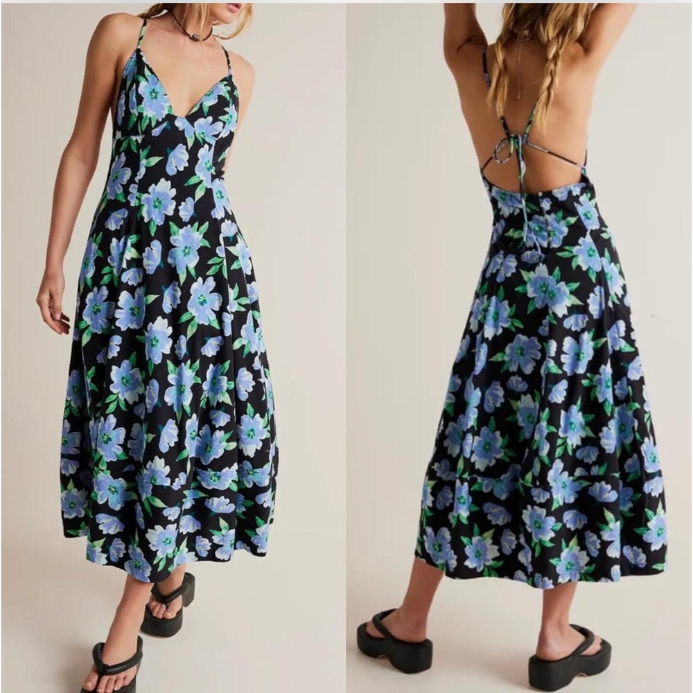 Free People Finer Things Midi Dress Blue Floral Open Back Pockets Black Womens S